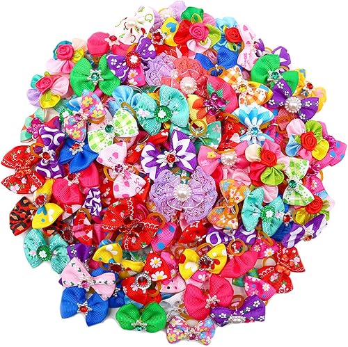 Gomas de pelo en forma de lazo para mascotas adornadas con pedrería perlas y flores diferentes colores accesorios de belleza para mascotas
