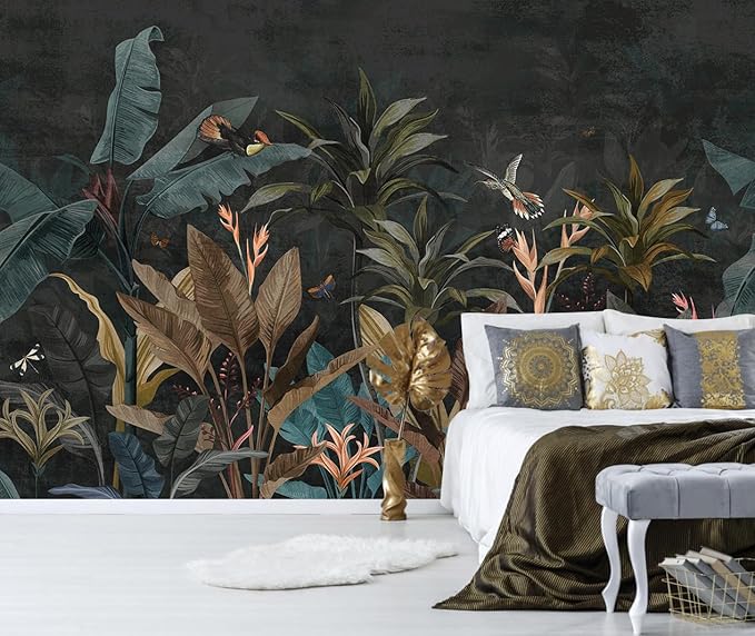 Dark Jungle Wallpaper Peel and Stick Tropical Plant Leaves Self Adhesive Mural for Living Room Bedroom 137"x100"