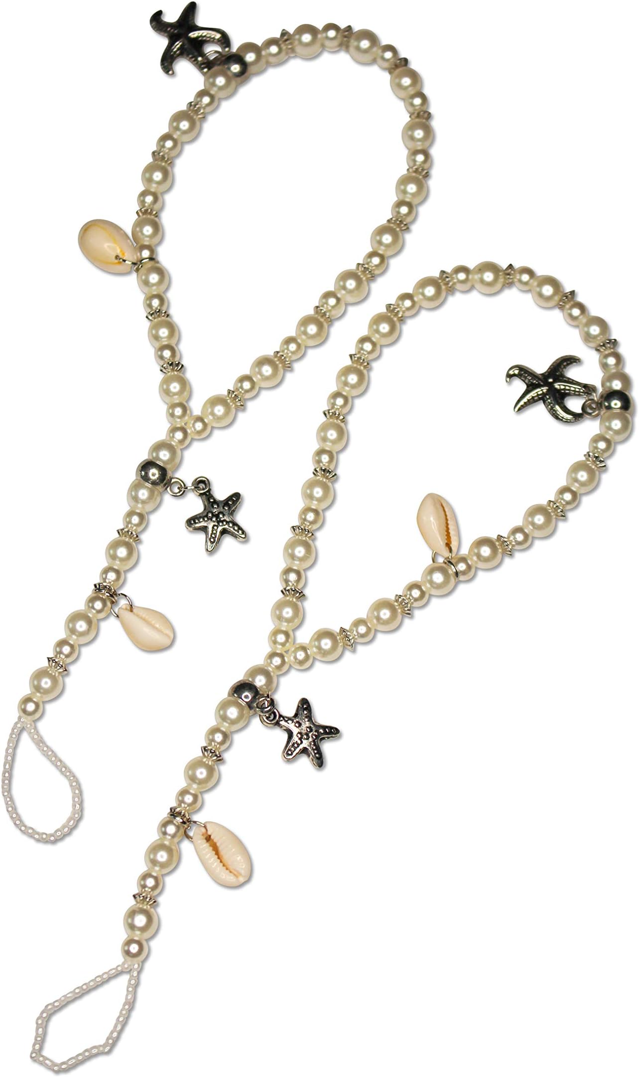 Ivory Barefoot Sandals Beach Wedding Beaded Anklet with Starfish and Real Seashells - Set of 2