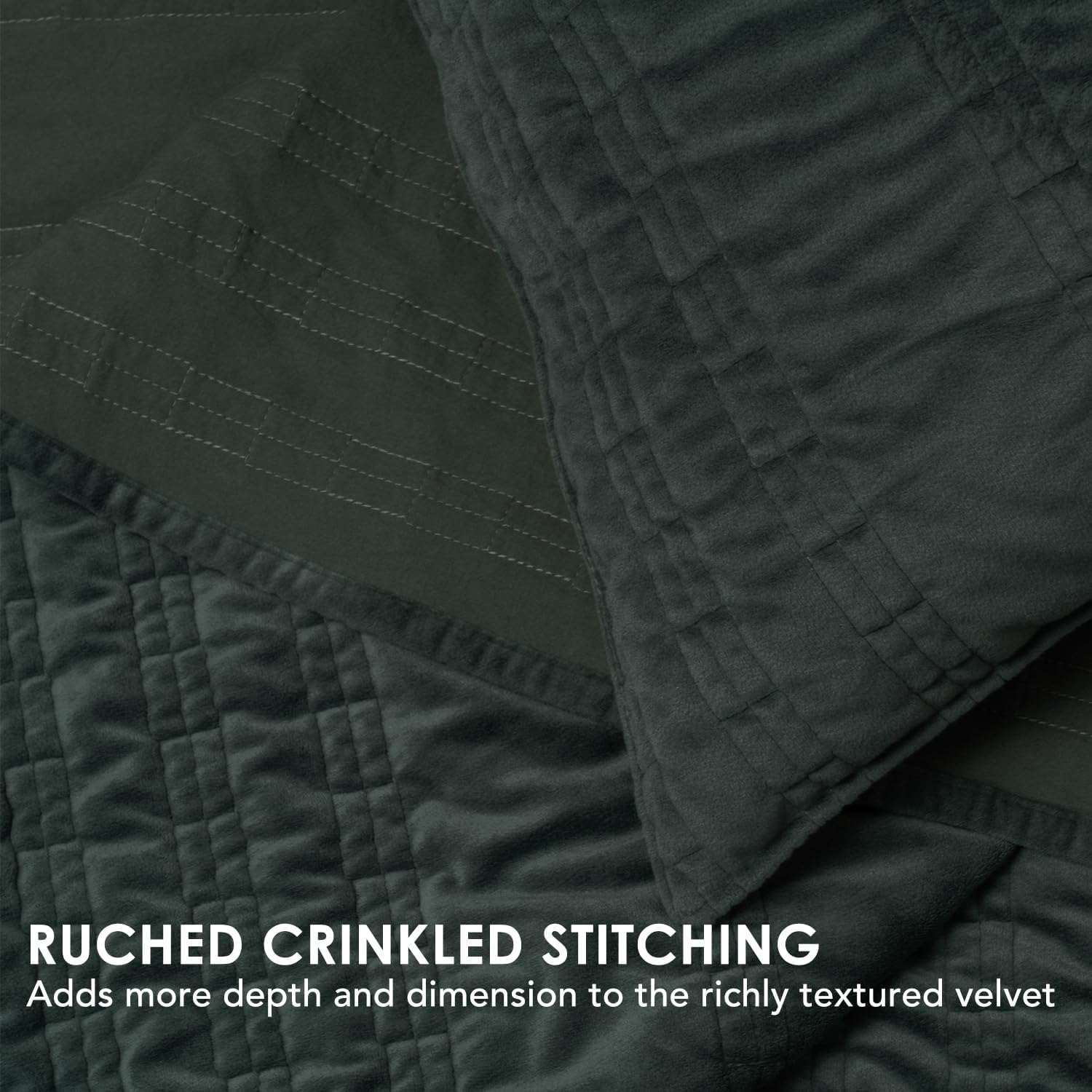 EVERGRACE Velvet Quilt King Size, Luxury Velvet Bedding Set, Ultra Soft Ruched Quilt Sets, Lightweight Comforter Vintage Textured Bedspread Coverlet with 2 Shams for All Season, Dark Green - Image 5