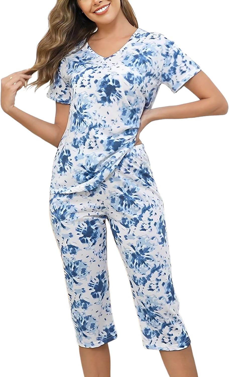 Inadays Womens Cotton Pajama Sets Short Sleeve Top With Capri Pants 2 piece sets for Women Summer Pajamas Lounge Set - Image 2