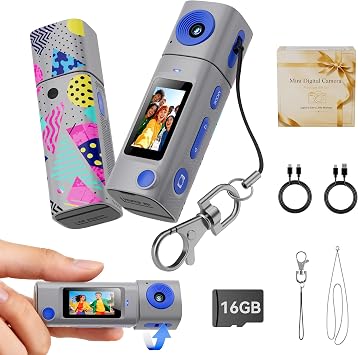 Mini Keychain Digital Camera2K Digital Mini Camera with 16GB Card,Vintage Keychain Video Camera, 1" HD LCD Display, 400mAh Battery Portable Small Cameras with Elegant Gift Box