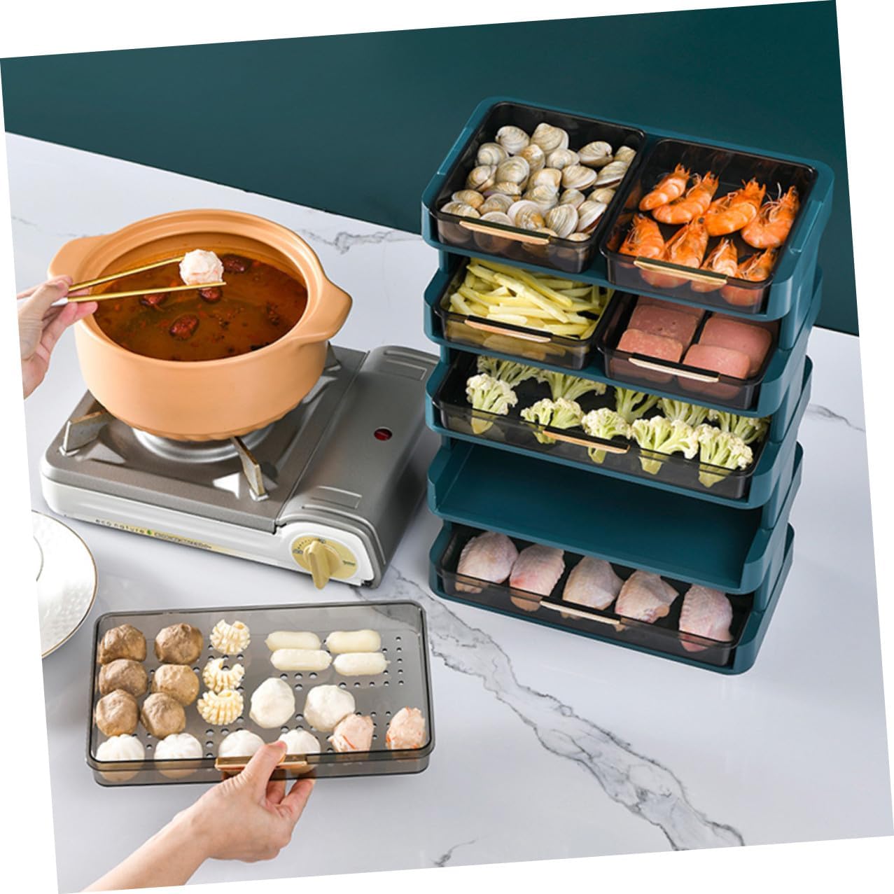 Multi-Layer Kitchen Storage Rack 3-Tier Plastic Vegetable Holder with Drainage Tray Stackable Hot Pot Side Plate Organizer for Countertop Food Storage