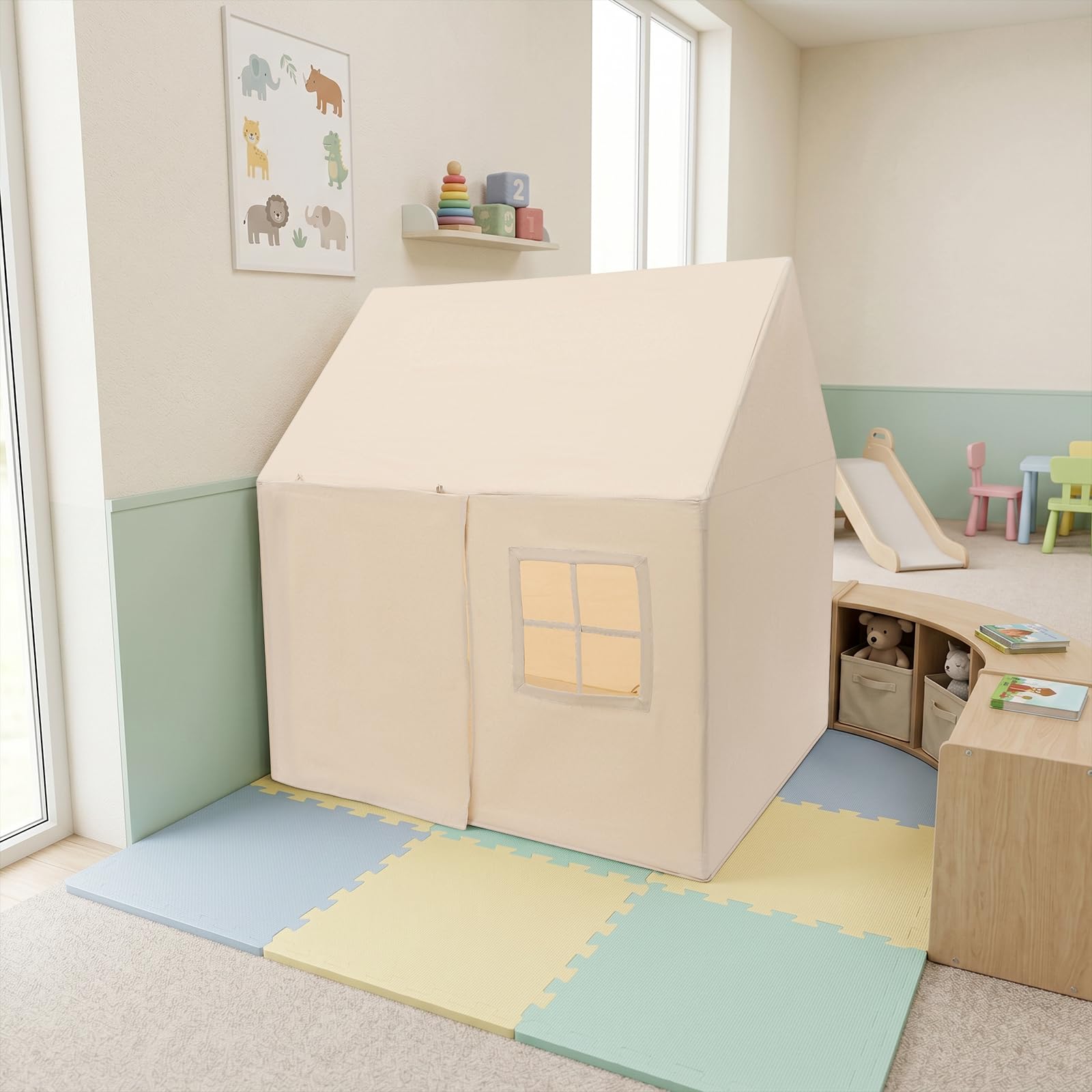 Kinderzelt Indoor mit Bodenmatte, Spielzelt Kinderzimmer, Großes Hauszelt für Kinder, Spielhaus mit Rolltür, Kuschelecke, Lesezelt, Mädchen & Jungen, Geschenk für Geburtstag und Weihnachten