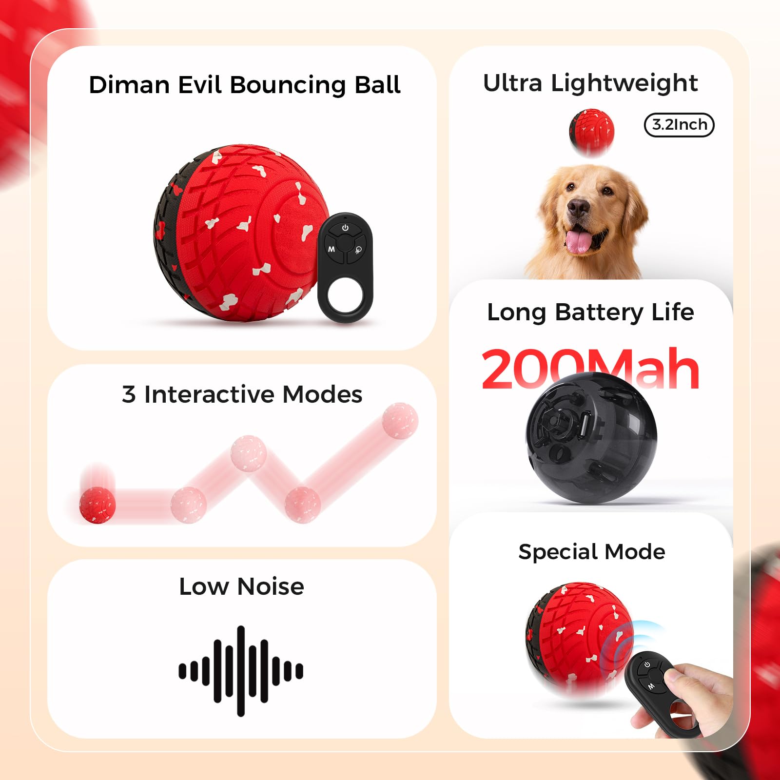 Diman Juguetes interactivos de pelota para perros con control remoto, juguete automático para perros, juguete para perros en movimiento, rebote y rodamiento, matrial E-TPU, juguetes interactivos para