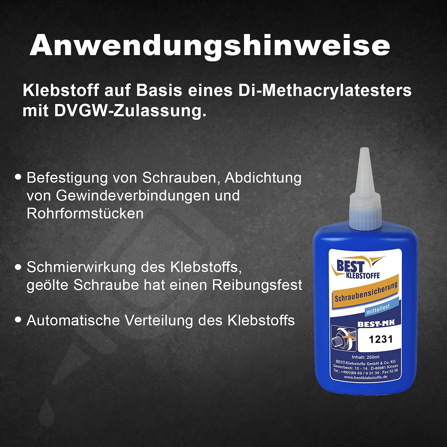 BEST KLEBSTOFF - MK 1231 | Schraubensicherung mittelfest | 250g | Mittelviskoser Klebstoff | Spezial Schraubensicherungslack | Gewindesicherung