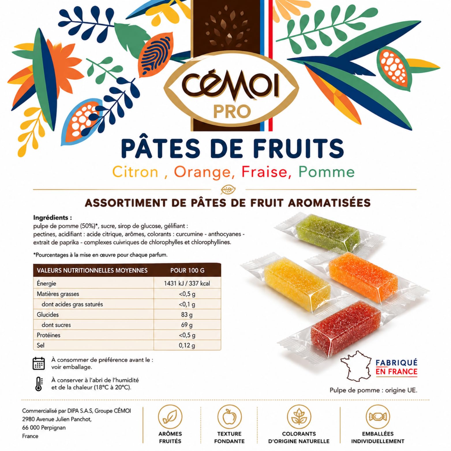 CEMOI | Boite distributrice de 220 Pâtes de Fruits | 4.5 kgs - Barres Individuelles 20.5g | 4 Saveurs Citron Orange Fraise Pomme - Fabrication Française | Idéal pour les comptoirs professionnels