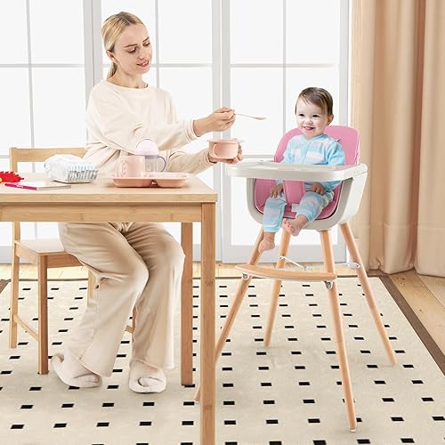 Vista 2 de HONEY JOY Silla alta, silla alta 3 en 1 de madera Eat & Grow con bandeja extraíble, arnés de 5 puntos, cojín de poliuretano y reposapiés para bebé