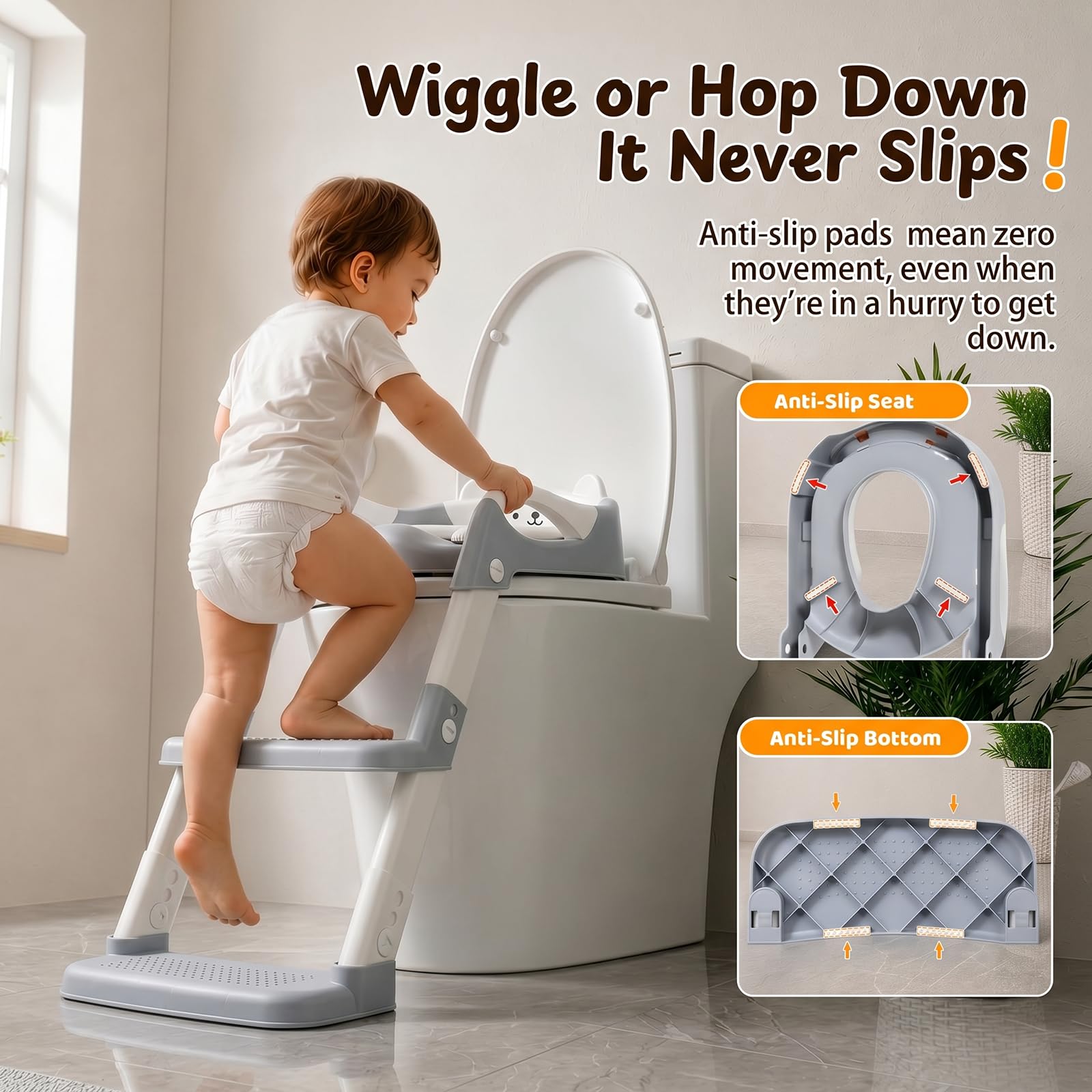 Reducteur Toilette Enfant - Rehausseur Toilette Enfant - Pédale Élargie Et Antidérapante | Facile À Monter Et Ranger | Hauteur Réglable | Anti-Éclaboussures | Poignée, Gris