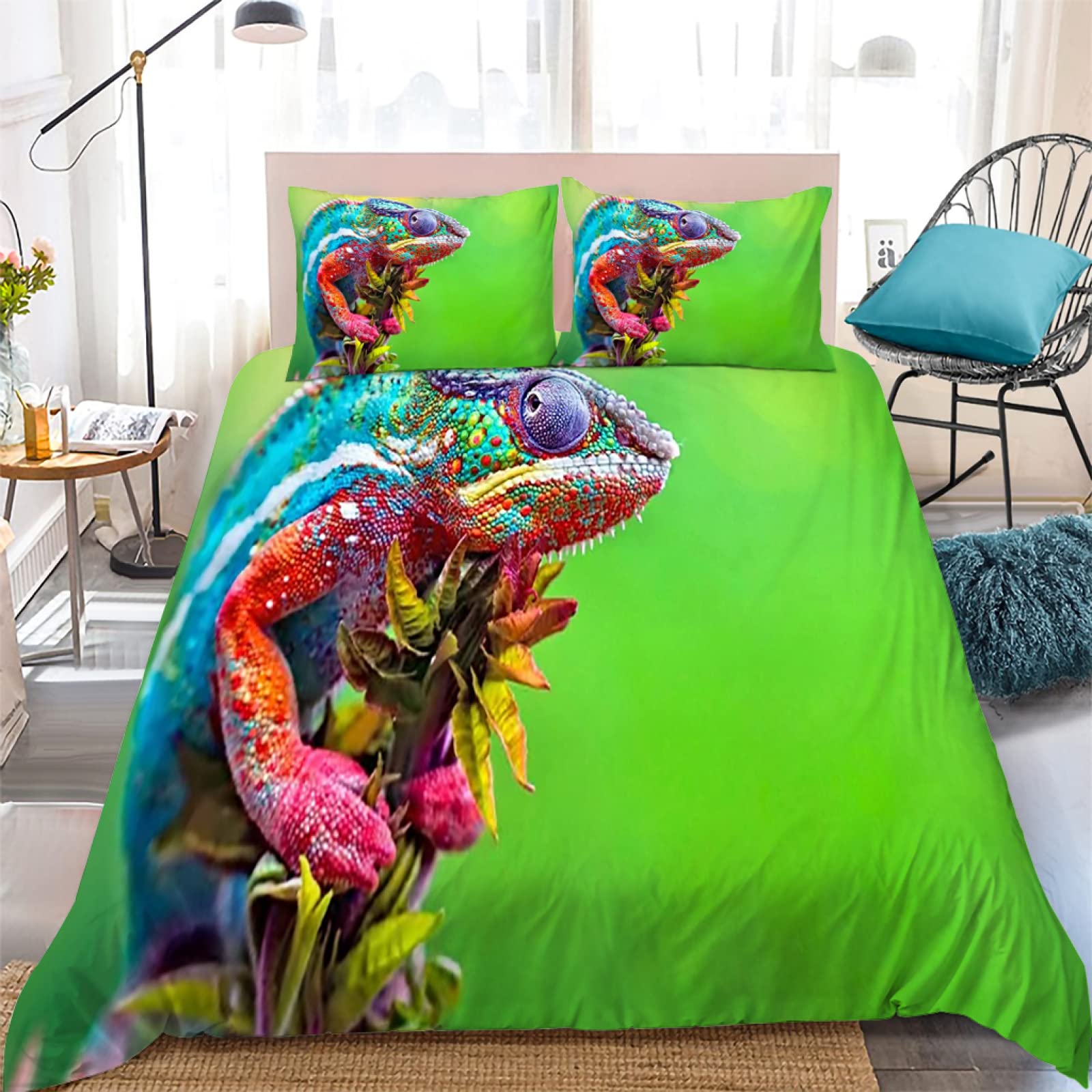Housse de couette 220x240 lézard vert parure lit 2 personnes microfibre