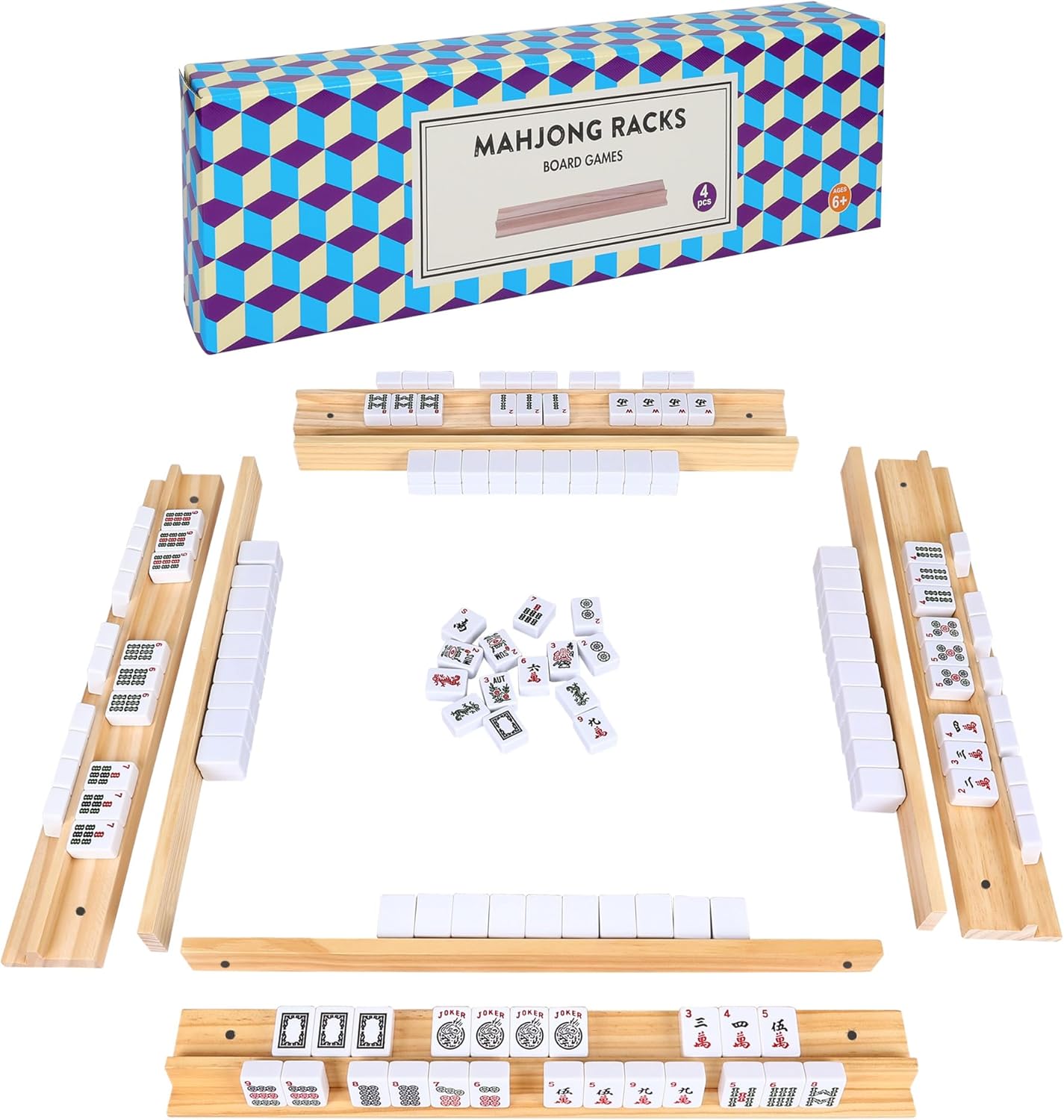 Offelec 17.2 * 1 * 2.4 inch Upgraded Magnetic Mahjong Racks, 4 pcs American Mahjong Racks with Pushers,Wooden Majiang Tile Racks (Includes Magnetically Attached Mahjong Pushers)