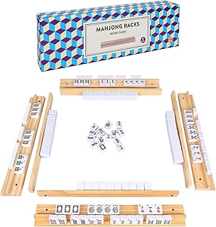 Upgraded Mahjong Racks with Pushers, Set of 4 Trays for American Mahjong Games, Wooden Holders for Mahjong, Dominoes & Mexican Train Game Nights (Includes Magnetically Attached Mahjong Pushers)