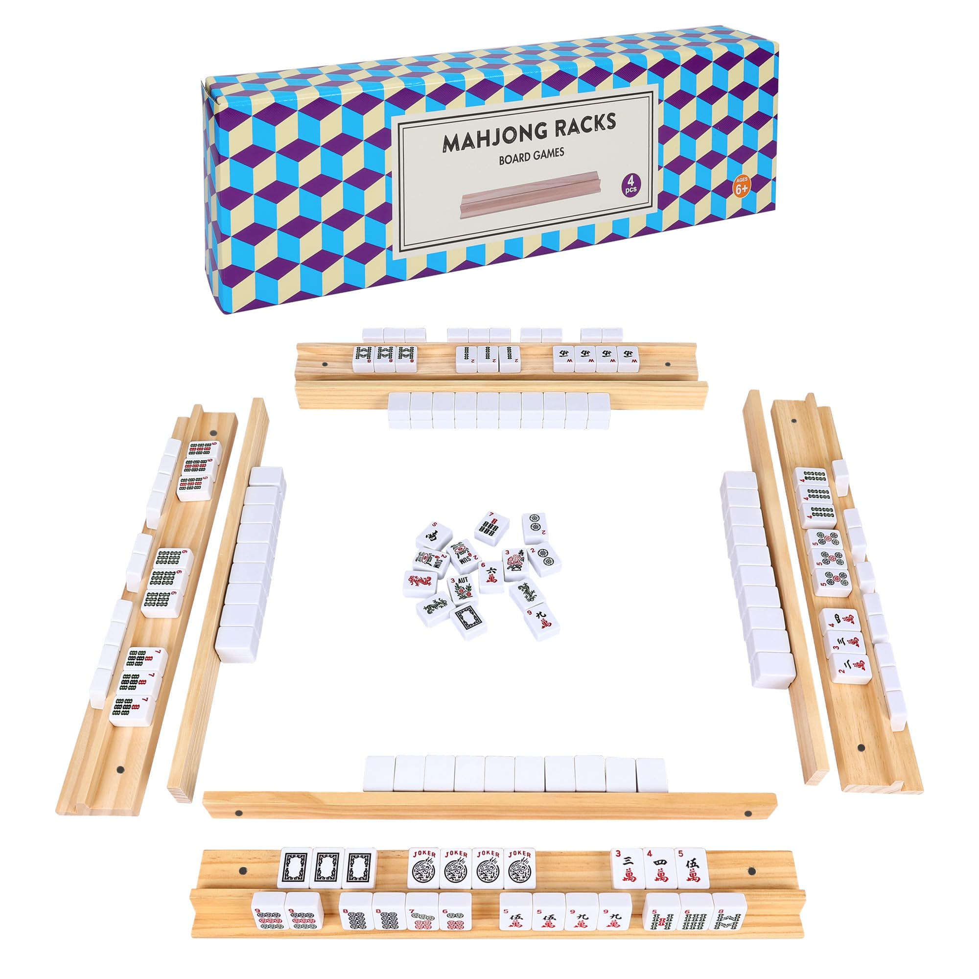 OffelecWooden Mahjong Racks, Set of 4 Trays for Mahjong Game, Premium Holders for Mahjong, Mexican Train, Dominoes and More Game Stands (Includes Magnetically Attached Mahjong Pushers)