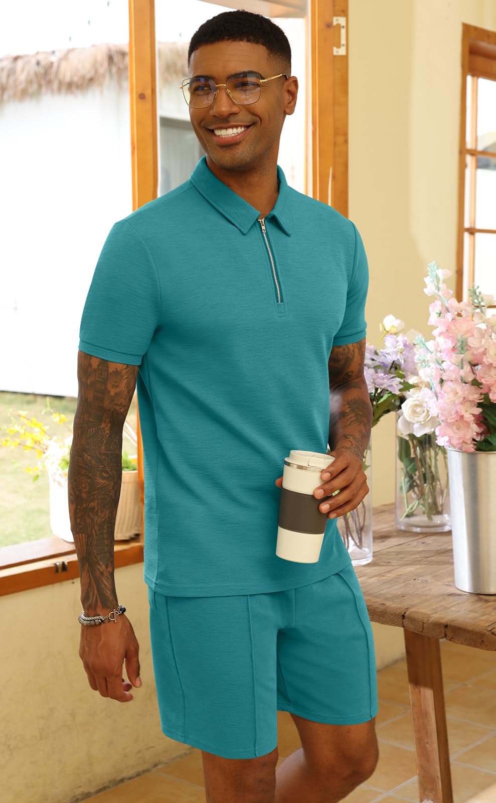 CTU Chándal para hombre 2 piezas camiseta polo pantalones cortos traje verano ropa deportiva