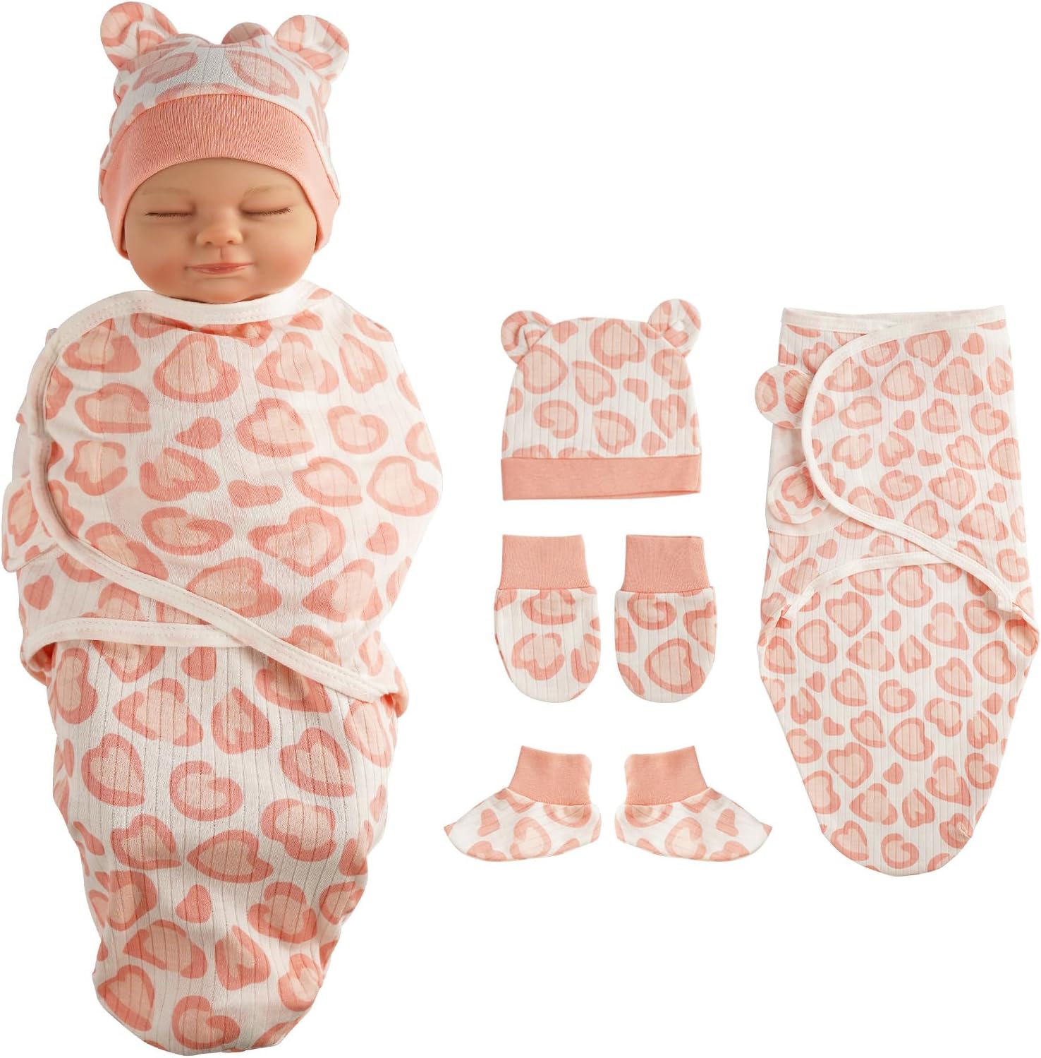 BABESIDE 4 Pcs Reborn Baby Doll Blanket with Doll Accessories Set for 17-24 Inch Babydolls, Cute Heart Patterns Baby Doll Swaddle Blanket with Doll Hat Doll Gloves for Newborn Baby Dolls Girl, Pink