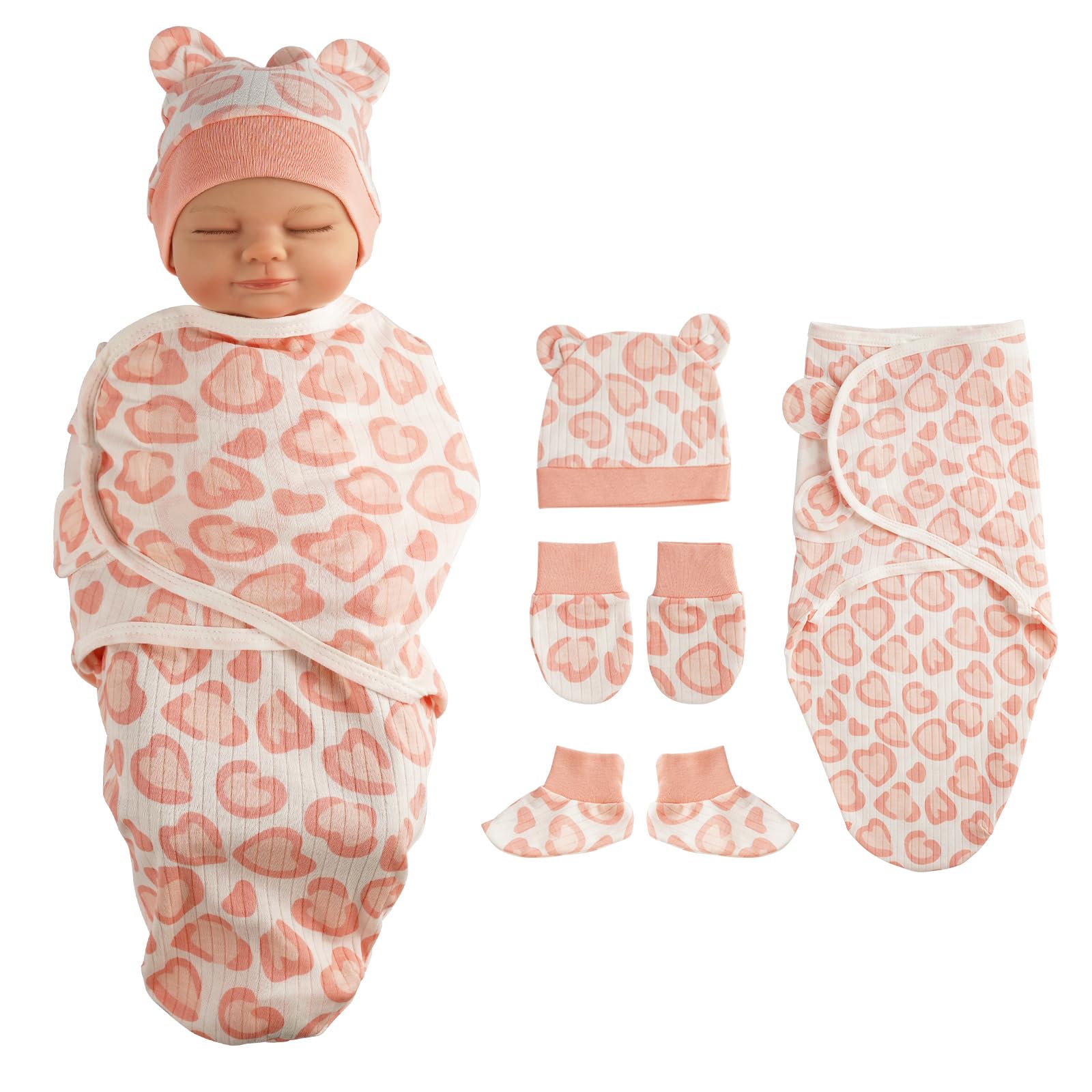 BABESIDE 4 Pcs Reborn Baby Doll Blanket with Doll Accessories Set for 17-24 Inch Babydolls, Heart Patterns Baby Doll Swaddle Blanket with Hat Gloves