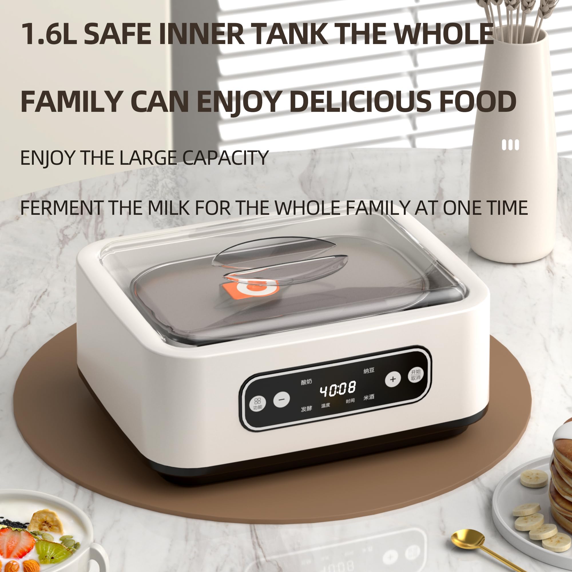 Yaourtière Automatique 1600 ML avec minuterie de 36 Heures, contrôle de la température, écran LED, Nettoyage Facile, pour des Desserts Frais et sains Without Cup