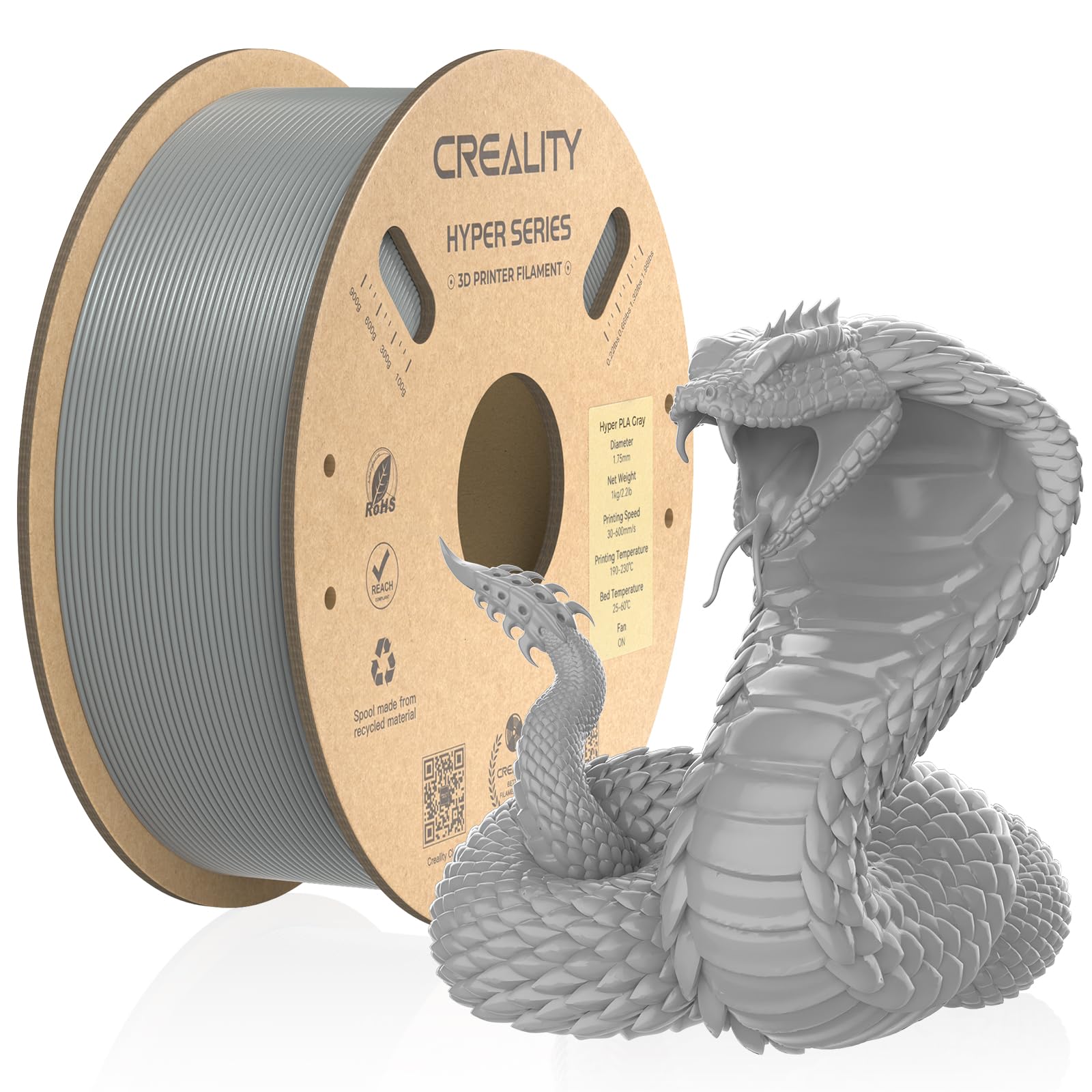 Official 3D Printer Filament, Hyper PLA High Speed Filament, 1.75mm 3D Printing Filament for High-Speed Printing, Dimensional Accuracy +/-0.02mm, 1kg/Spool - Grey