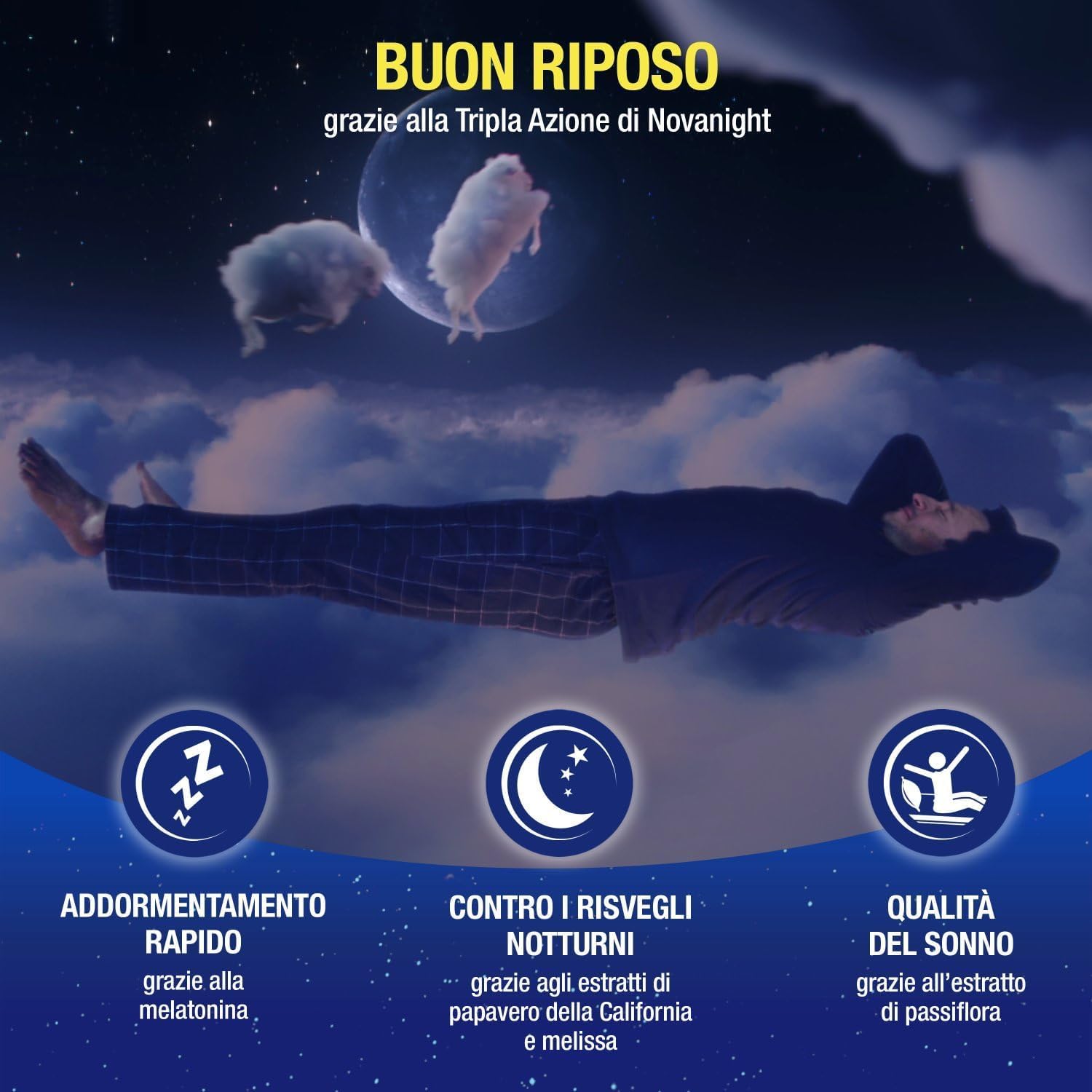 Novanight Tripla Azione Melatonina per Dormire, Integratori per Dormire, Disturbi del Sonno - Senza Glutine, con Melatonina, Escolzia, Passiflora, Melissa, Non Induce Dipendenza (30 Compresse)