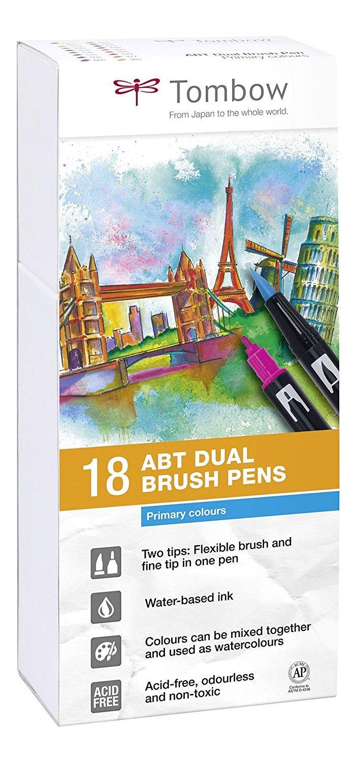 Tombow 18 Filzstifte (Sekundärfarben) Dual Brush Pen mit zwei Spitzen + Fudenosuke Brush Pen starr + weich | Aquarell, auf Wasserbasis, ungiftig, säurefrei und geruchsneutral