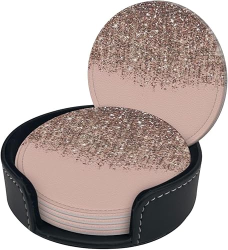 Miniatura 2 de Blush Pink Rose Gold Fashionable Printed Leather Coaster Set,A Set of 6 Pieces,4 Inches in Diameter,Adding an Artistic Atmosphere to Your Desktop