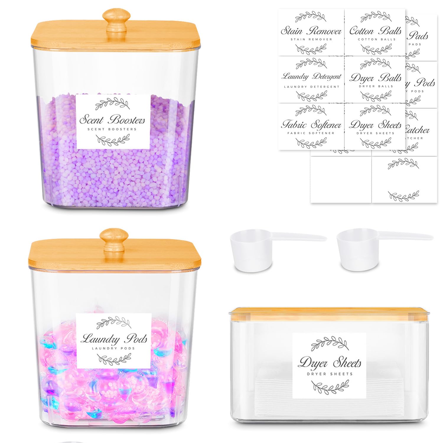 2+1 Pack Laundry Pods Container and Dryer Sheet Holder Set with Bamboo Lid and 16 Labels, Laundry Containers, Clear Laundry Room Organization Containers for Washing Pods, Powder, Scent Booster