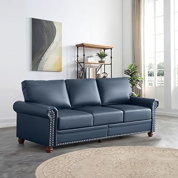 Faux Leather Sofa,82" W Mid Century Modern Couch with Storage Place,Oversized 3 Seater Sofa with Nailhead Trim&Rolled Armrests,Deep Seat Comfy Couch for Living Room,Bedroom,Apartment,OfficeNavy