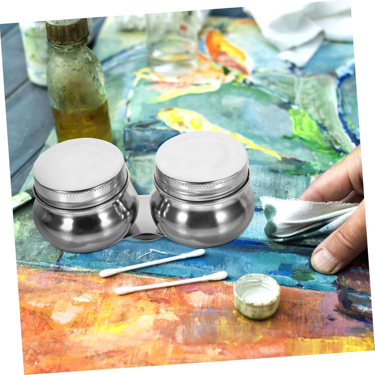 2pcs Stainless Steel Palette Cup Dipper for Oil Painting Leakproof Paint Mixing Cup Lid for Watercolor and Cleaning