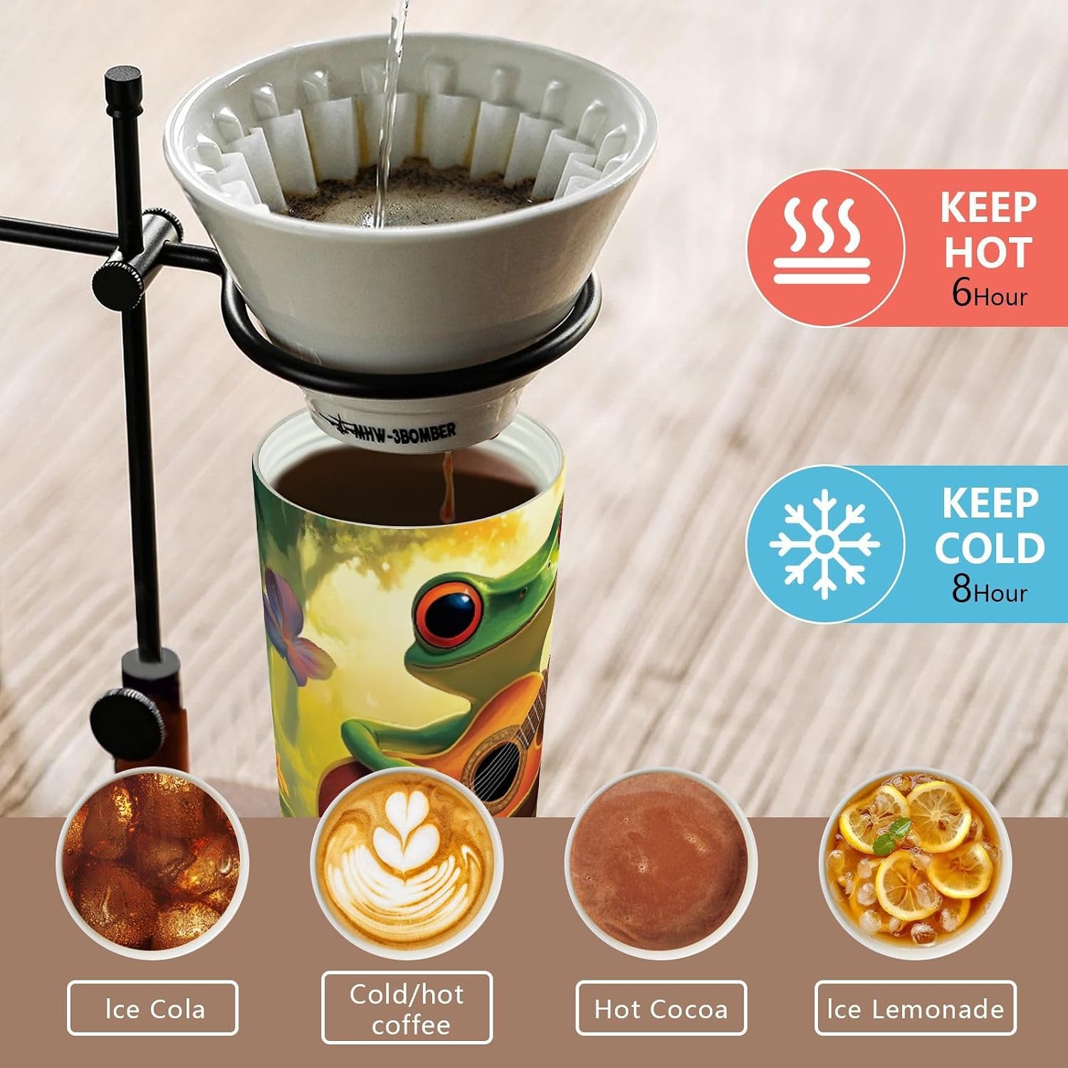 Frog Guitar Funny Insulated Coffee Mug with Straw & Flip Lid, 16.9oz Iced Tumbler Cup, Double Wall Vacuum Leak-Proof Mug for Travel Office