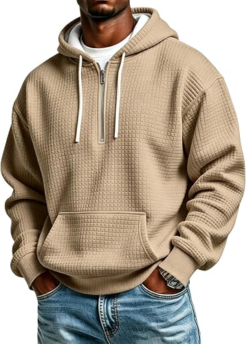 Mens Waffle Knit Long Sleeve Hoodie Quarter Zip Pullover Sweatshirt
