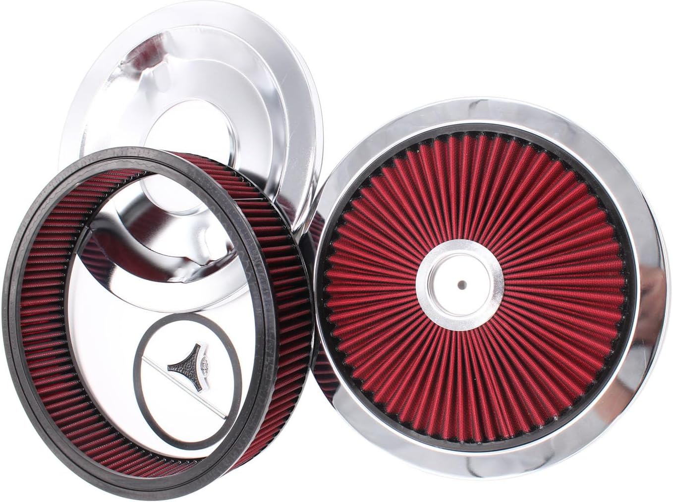 1 Set SHLPDFM Red Air Filter Element Kit with Star Wing Nut High Flow 14" X 3" Washable Air Cleaner Assembly w/Chrome Lid Fits for SBC BBC Chevrolet GMC Ford