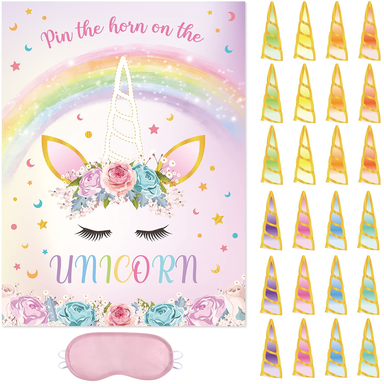 WERNNSAI Pin The Horn on The Unicorn Game - 20' x 29' Unicorn Party Game for Girls with 24 PCS Horns Unicorn Birthday Party Supplies for Wall Home Room Decorations