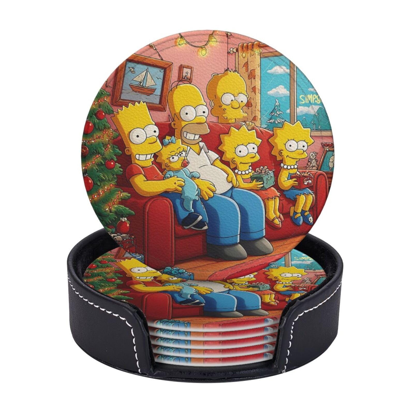 Coasters Set of 6 Leather Drink Coasters with Holder Simpsons Coasters for Drinks Heat Resistant Coaster Round Coffee Cup Mat Pad for Kitchen Office Home Decor