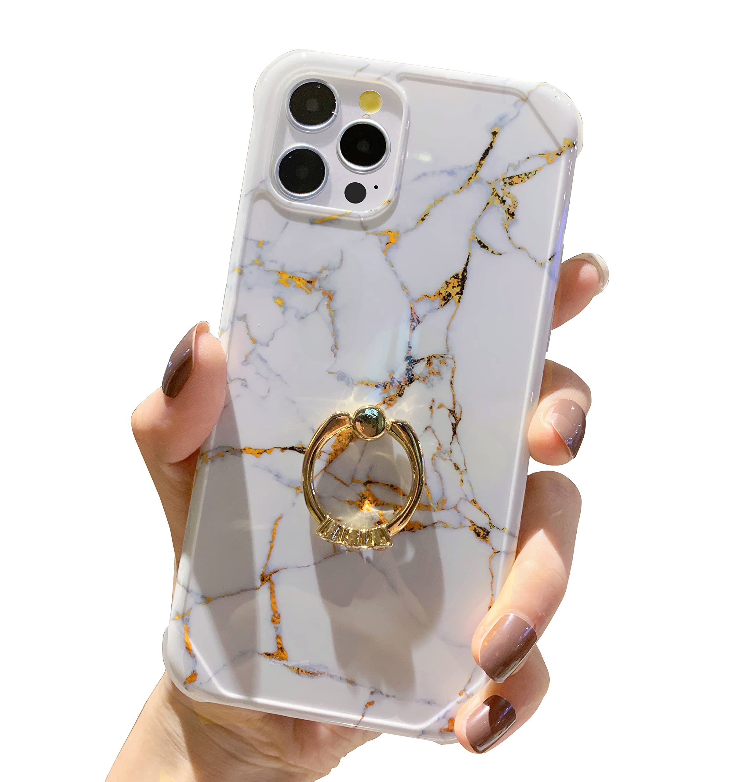 Anynve iPhone 12 Case 2020, Compatible with iPhone 12 Pro Marble Case Cute for Women Girls with 360 Degree Rotating Ring Kickstand, Shockproof Hard Back + Soft TPU Bumper Slim Case 6.1 Inch-White
