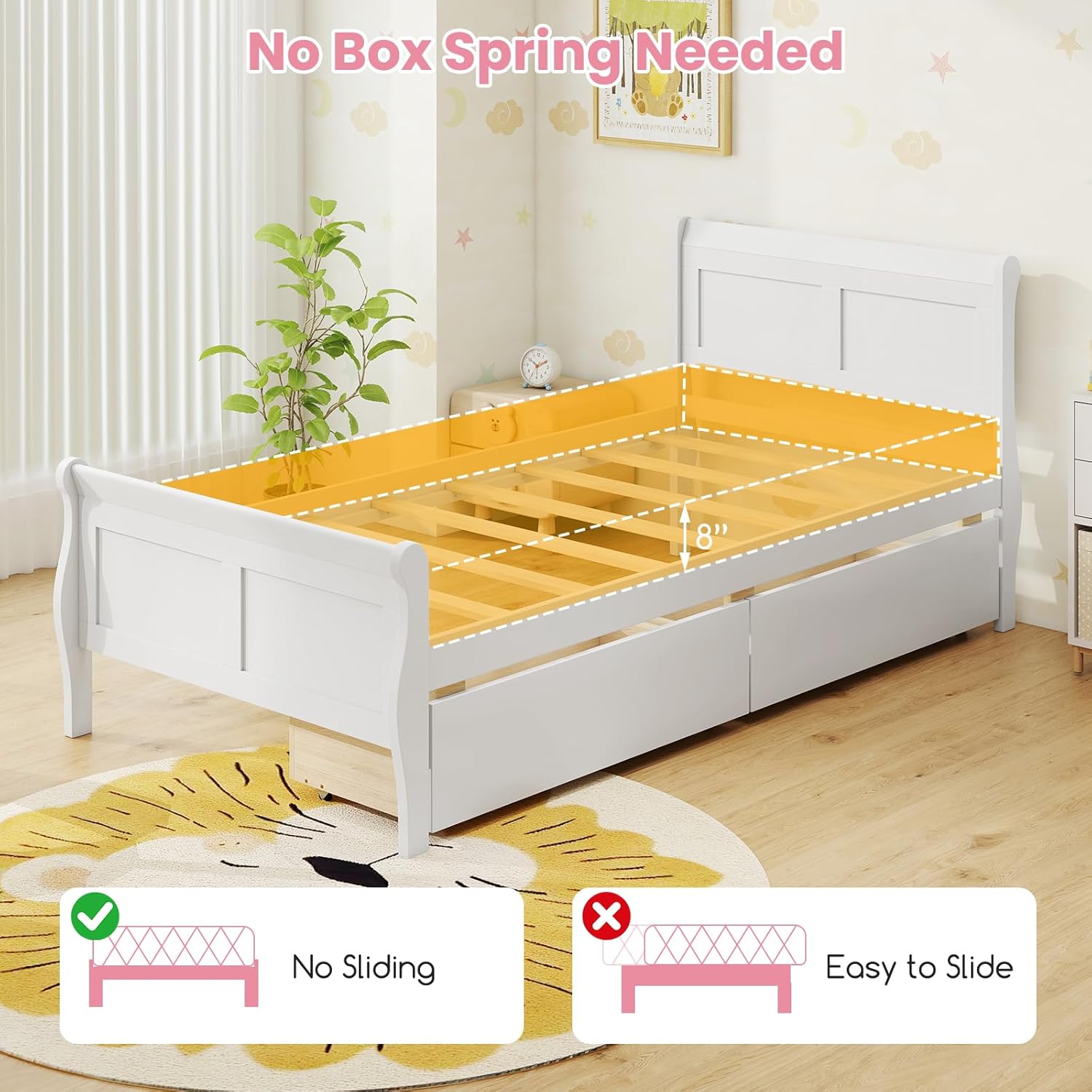 KOMFOTT 2 Twin Bed with 2 Drawers, Twin Storage Bed with Headboard for Bedroom, Sleigh Wood Bed Frame with Wooden Slats Support for Kids, Teens, Adults, No Box Spring Needed (White)