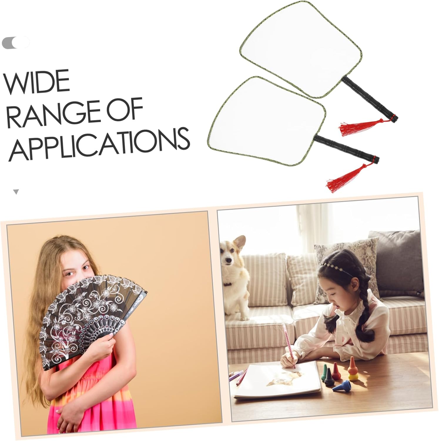 TEHAUX White Blank Handheld Fan 2pcs with Wooden Handle for Kids