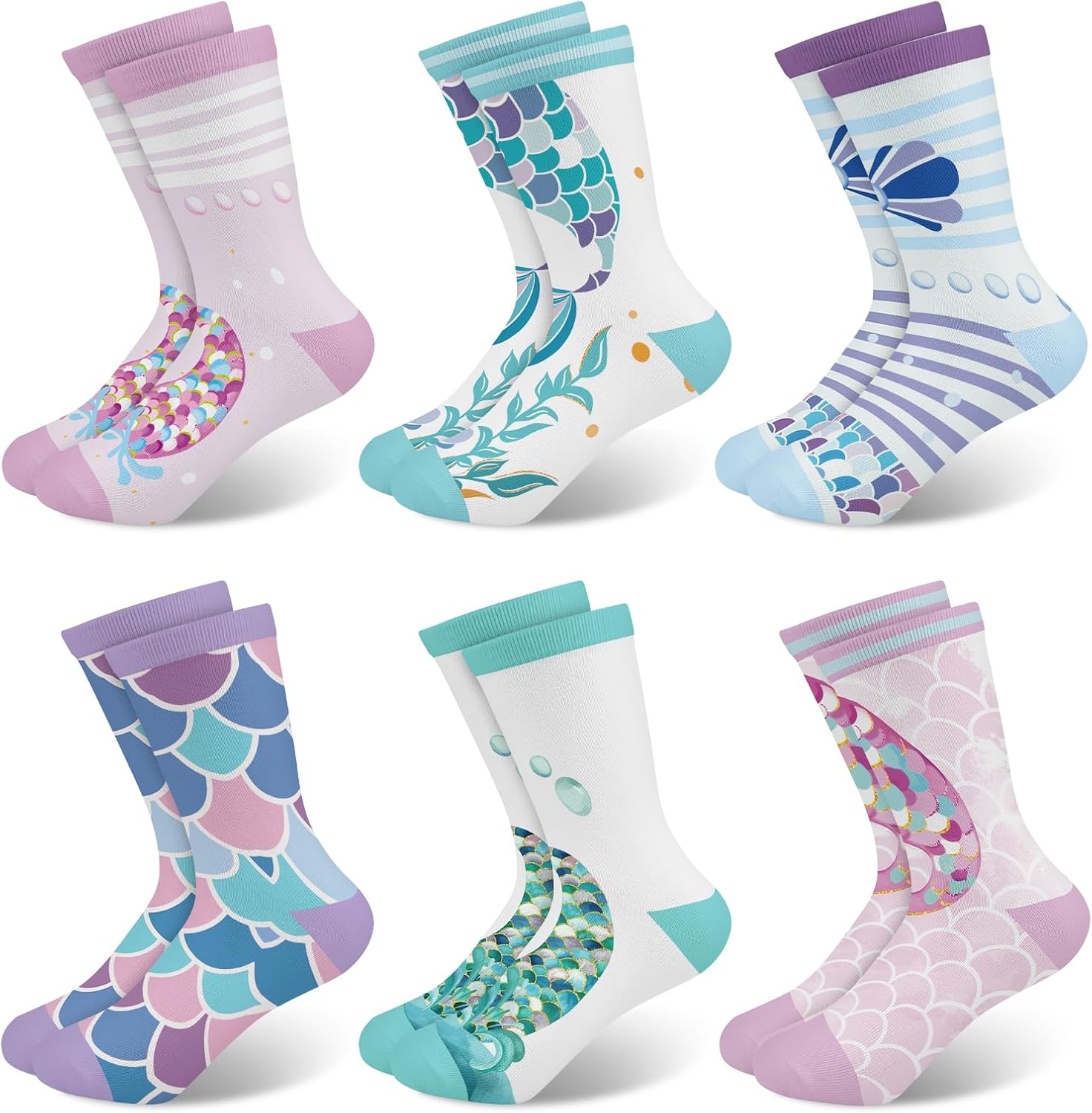 Girls Socks Mermaid Tail Unicorn Flowers Fruit Printed Pattern Cute Crew Ankle 6 Pairs 3-14Y Kids Birthday Gift
