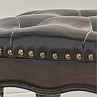 Vista 6 de LEILISI Taburete pequeño otomano de cuero marrón, reposapiés tapizado tallado vintage, taburete de madera de goma para sofá (negro-marrón)