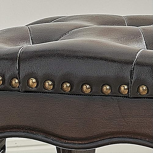 Miniatura 6 de LEILISI Taburete pequeño otomano de cuero marrón, reposapiés tapizado tallado vintage, taburete de madera de goma para sofá (negro-marrón)