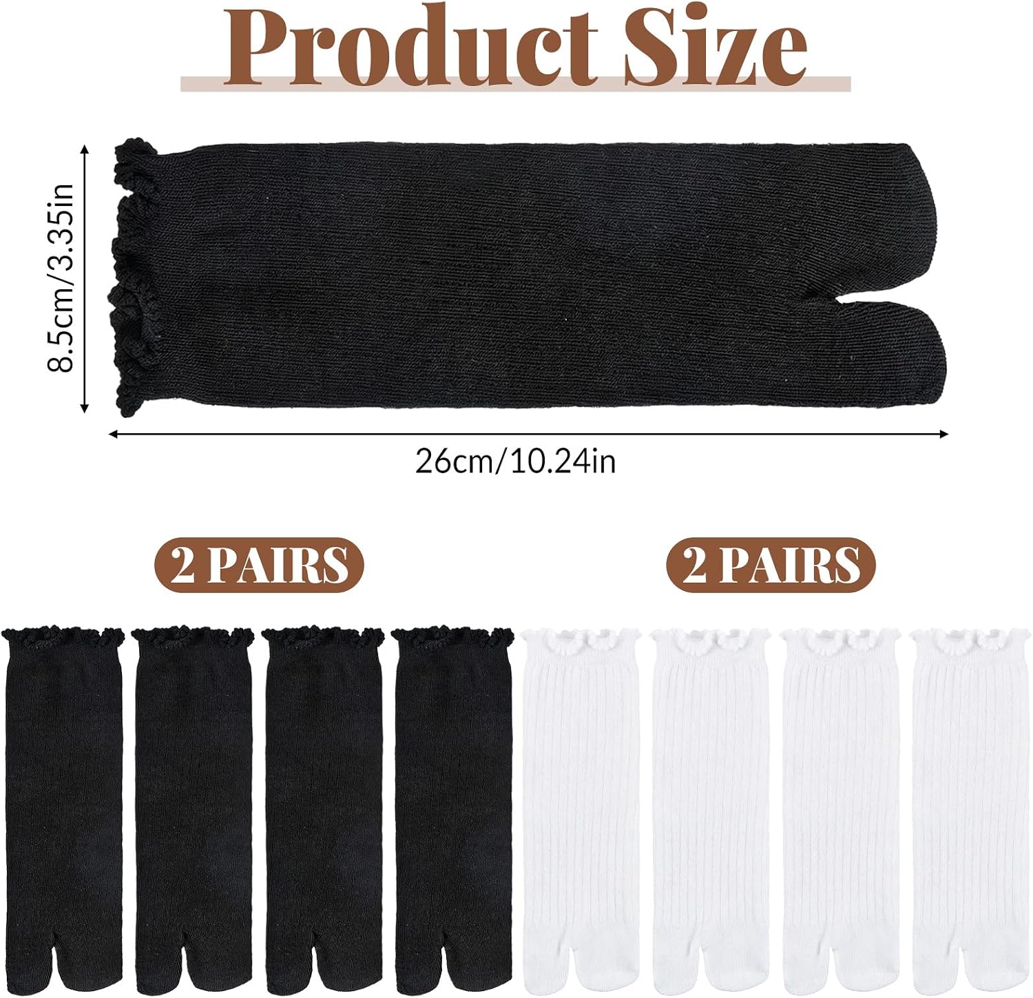 Tabi Socks Women Split Two Toe Socks Japanese Toes Separated Sock Ruffle Frilly Sports Casual Sock for Men Women Unisex(Black,4 Black&White)