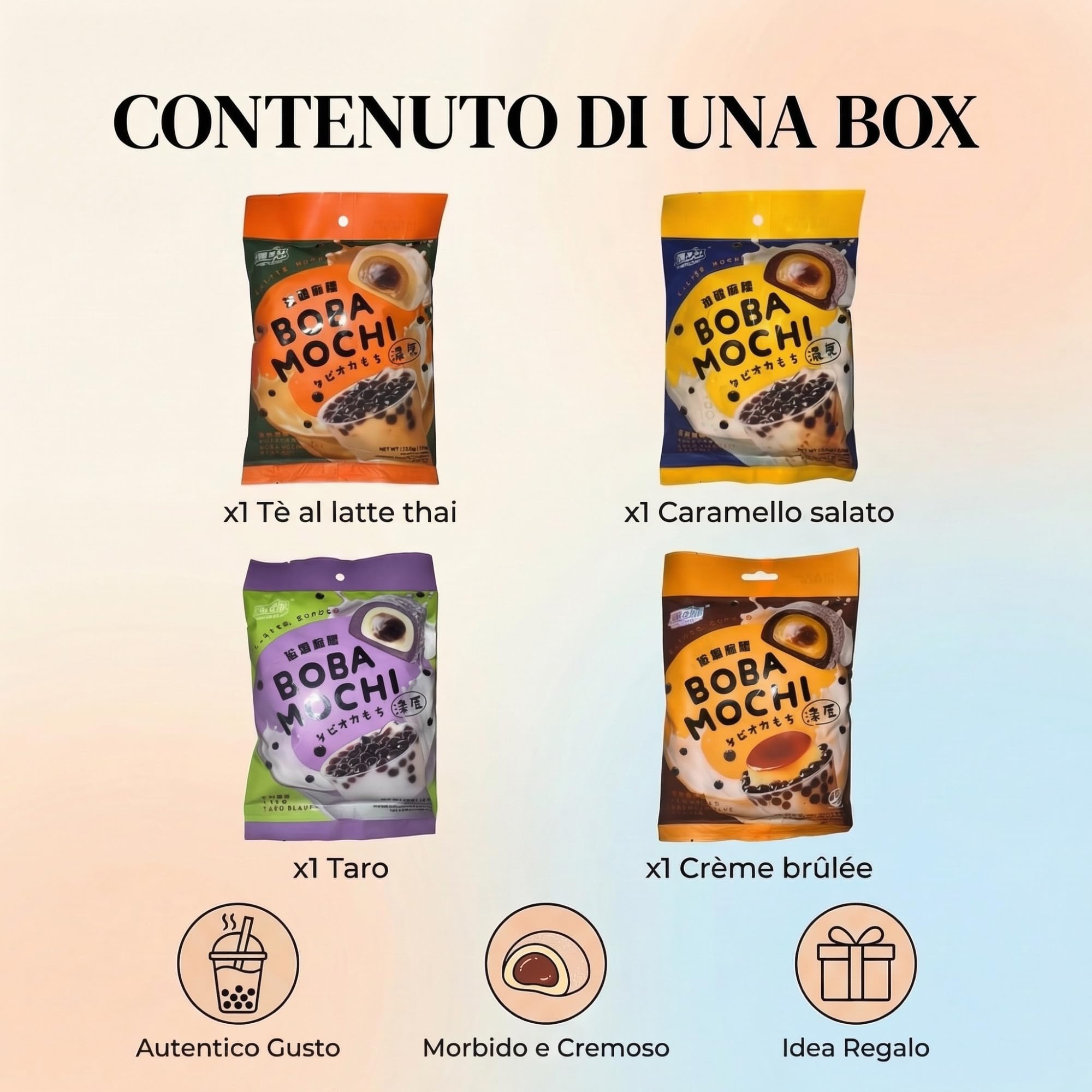 HU TASTE Boba Mochi Selection: Mix 4 Gusti Taro, Bubble Tea Thai, Crème Brûlée, Caramello Salato - Snack Dolci Giapponesi Yuki & Love, Japanese Food Snack Box e Dolci Giapponesi Assortiti 4 Confezioni