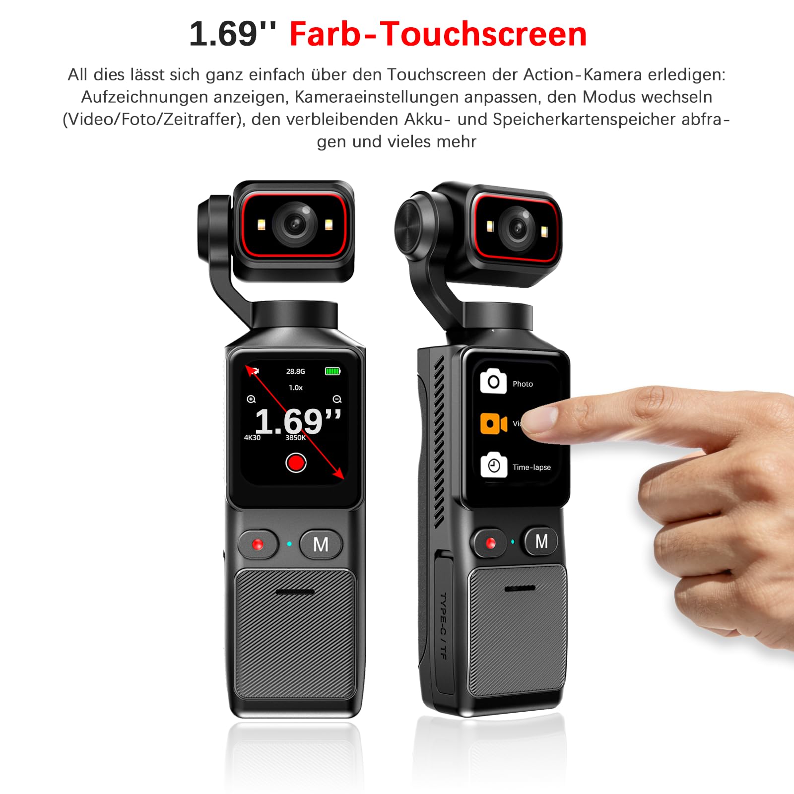 4K Mini Vlogging Camera Action Cam, Mini Pocket Vlog Kamera Live Übertragung Handy mit 32GB SD Karte, Tragbar Bildstabilisator Aktion Kamera mit Touchscreen und Langer Akkulaufzeit