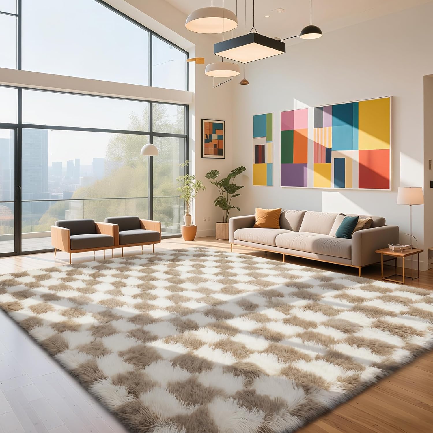 Checkered Rug for Living Room, 8x10 Beige and White Area Rugs, Classic Checkered Carpets Shaggy Area Rug, Bedside Rugs for Living Room Bedroom Kids Room Home Decor