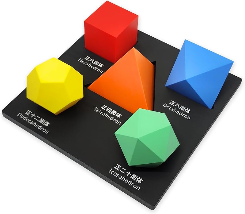 つくしサイエンス 正多面体模型 5種類セット 台座付き 数学 算数 図形 教材 知育 体積100cm³ 正四面体 正六面体 正八面体 正十二面体 正二十面体 立体 パズル インテリア