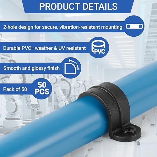 Miniatura 3 de Juego de 50 correas de tubo de PVC de 1 pulgada con 100 tornillos de acero, 2 agujeros de plástico para conductos, clips negros en forma de U para