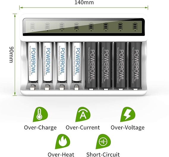 POWEROWL 8 Bay AA AAA Battery Charger with LCD Display (USB Quick Charging, Independent Slot) for Ni-MH Ni-CD Rechargeable Batteries