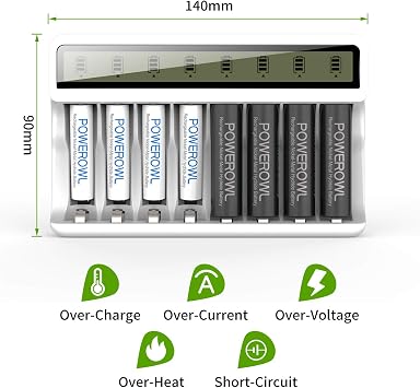POWEROWL 8 Bay AA AAA Battery Charger with LCD Display (USB Quick Charging, Independent Slot) for Ni-MH Ni-CD Rechargeable Batteries