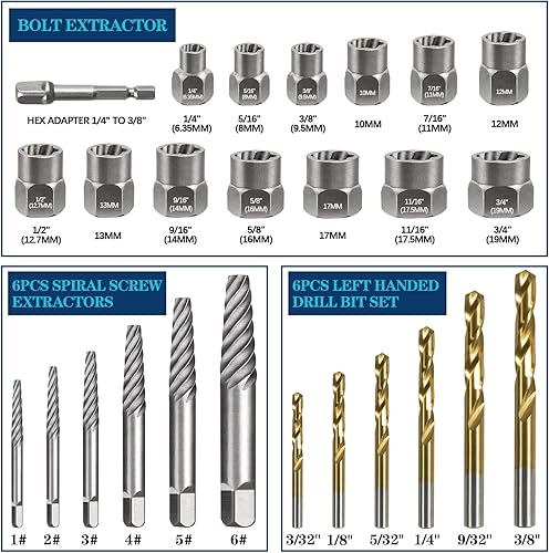 Miniatura 2 de Juego de 26 piezas de perno de impacto y extractor de tornillos en espiral con kit de brocas inversas para facilitar la extracción, dañado, pelado,