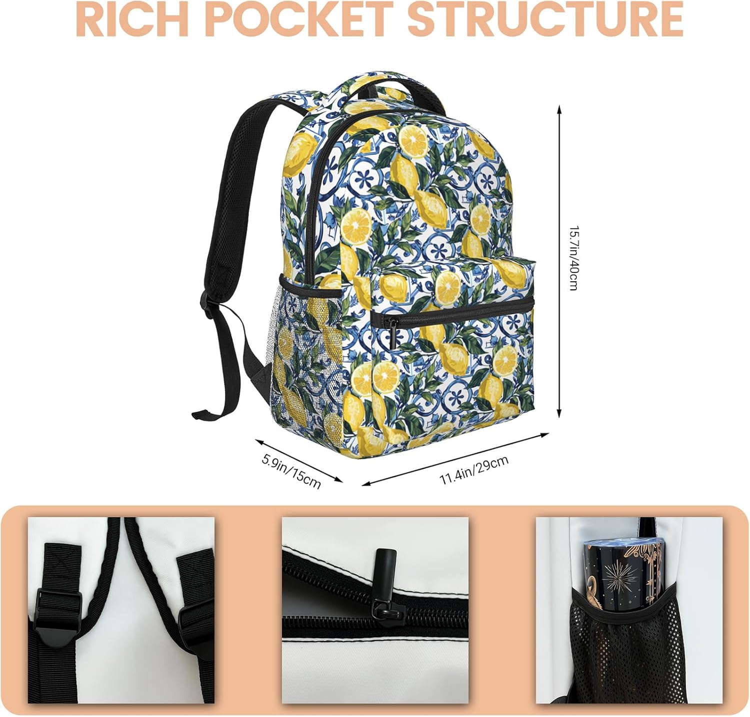 Lemon Backpack with Cushioned Straps for Laptop Tablet,11.4×5.9×15.7in,Yellow Fruit and Leaf Back Pack for Travel School,Multi-Pocket Storage Bookbag,Ideal Gifts for Teens Nature Lovers