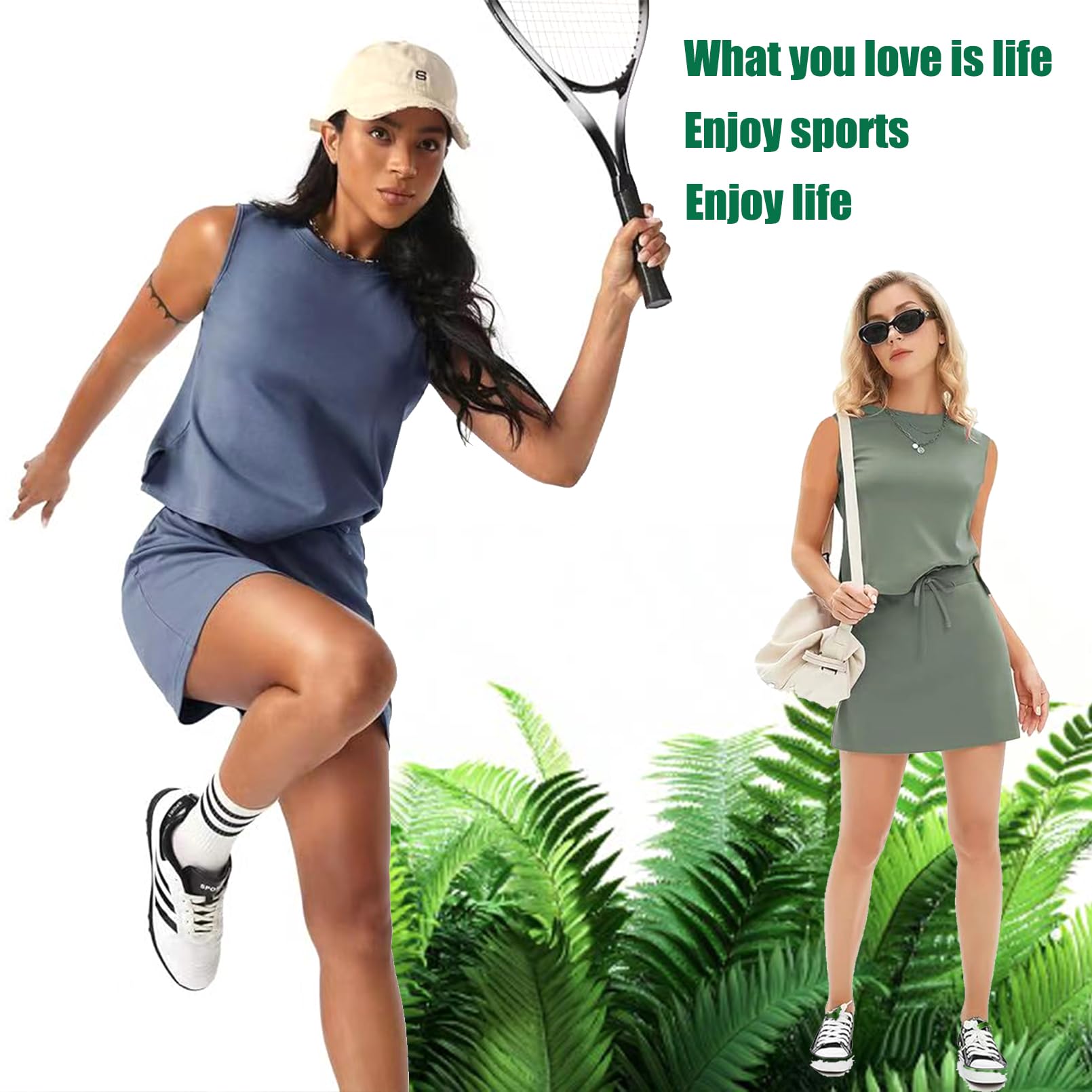 Skort Sets Women 2 Piece Outfits, Tennis Skirt Sets Women 2 Piece Outfits, Beach Vacation Clothes for Womens (Sleeves/No Sleeves)